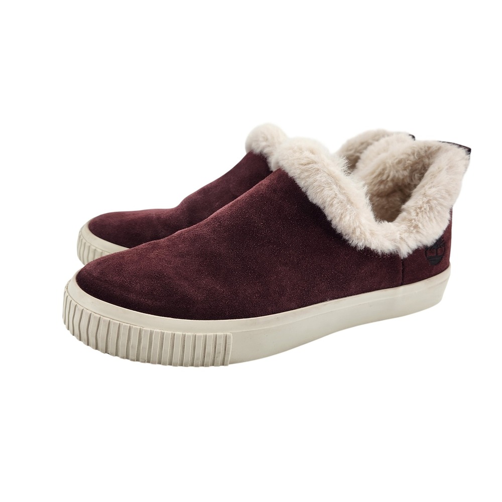 Timberland Suede Faux Fur Lined Slip On Shoes Women 7.5‎ Burgundy Maroon A5PFK